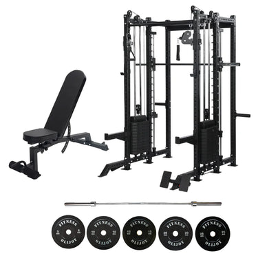 Gym Rack with Bench, Barbell, and Weight Plates