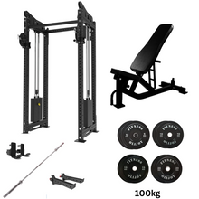 Load image into Gallery viewer, Oli Joy 5492 Pro Functional Bundle – Cable Crossover Trainer with 100 kg Plates, Barbell & Adjustable Bench