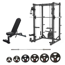 Load image into Gallery viewer, Oli Joy 5383 Pro Strength Bundle – Smith Machine with 155 kg Olympic Plates, Barbell & Adjustable Bench
