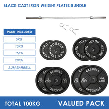 Load image into Gallery viewer, 100kg Black Cast Iron Plates & Barbell Bundle (2.2m bar) - Oli Joy Sports