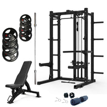 Load image into Gallery viewer, Preorder Multifunctional Squat Rack Bundle - 100kg Rubber Weight Plates, Barbell & Workout Bench