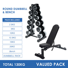 Load image into Gallery viewer, 2.5kg to 20kg Chrome Round Dumbbell & Storage Rack & Bench Bundle (6 pairs - 130kg) - Oli Joy Sports