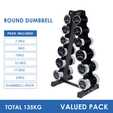 Load image into Gallery viewer, 2.5kg to 20kg Chrome Round Dumbbell & Storage Rack Bundle (6 pairs - 135kg) - Oli Joy Sports