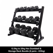 Load image into Gallery viewer, 12.5kg to 25kg Hex Dumbbell & Storage Rack Bundle (6 pairs - 225kg)
