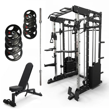 Oli Joy 10-in-1 Smith Machine Power Rack with 300LB Stack, 100KG Rubber Plates,Barbell & Bench Bundle