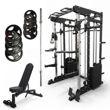 Load image into Gallery viewer, Oli Joy 10-in-1 Smith Machine Power Rack with 300LB Stack, 100KG Rubber Plates,Barbell & Bench Bundle