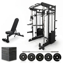 Load image into Gallery viewer, Oli Joy Smith Machine Power Rack with 300LB Stack, 150KG Bumper Plates, Barbell, Floor Mat & Bench Bundle