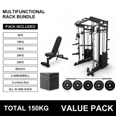 Oli Joy Smith Machine Power Rack with 300LB Stack, 150KG Bumper Plates, Barbell, Floor Mat & Bench Bundle