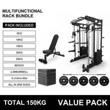 Load image into Gallery viewer, Oli Joy Smith Machine Power Rack with 300LB Stack, 150KG Bumper Plates, Barbell, Floor Mat & Bench Bundle