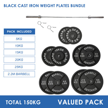 150kg Black Cast Iron Plates & Barbell Bundle (2.2m bar) - Oli Joy Sports