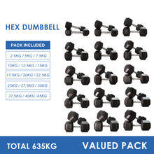 Load image into Gallery viewer, 2.5kg to 45kg Hex Dumbbell Bundle (15pairs - 635kg) - Oli Joy Sports