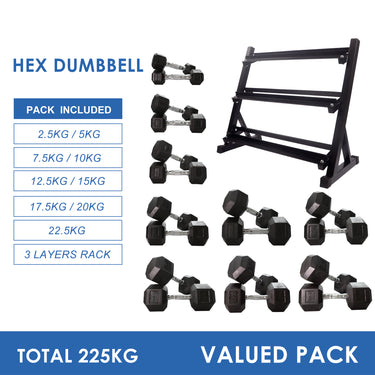2.5kg to 22.5kg Hex Dumbbell & Storage Rack Bundle (9 pairs -225kg) - Oli Joy Sports
