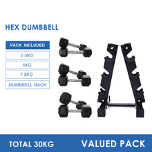 Load image into Gallery viewer, 2.5kg to 7.5kg Hex Dumbbell & Storage Rack Bundle (3 pairs - 30kg) - Oli Joy Sports