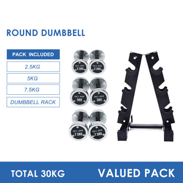 2.5kg to 7.5kg Chrome Round Dumbbell & Storage Rack Bundle (3 pairs - 30kg) - Oli Joy Sports