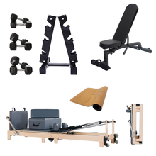 Load image into Gallery viewer, Oli Joy 5393 StudioFlow Bundle – Foldable Oak Wood Reformer with Dumbbell Rack, Bench & Yoga Mat