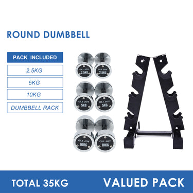 2.5kg to 10kg Chrome Round Dumbbell & Storage Rack Bundle (3 pairs - 35kg) - Oli Joy Sports