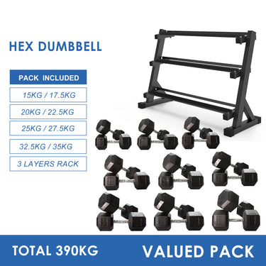 15kg to 35kg Hex Dumbbell & Premium Quality Storage Rack Bundle (8 pairs -390kg) - Oli Joy Sports