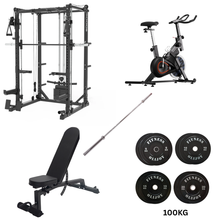 Load image into Gallery viewer, Oli Joy 5383 Total Home Gym Bundle – Smith Machine with 100 kg Olympic Plates, Barbell, Adjustable Bench & Magnetic Resistance Exercise Bike