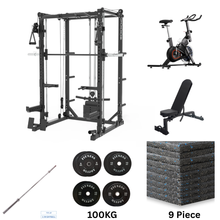 Load image into Gallery viewer, Oli Joy 5383 Commercial Smith Machine Bundle – Includes 100 kg Olympic Bumper Plates, Squat Rack, Cable Crossover, Cardio & Gym Mat