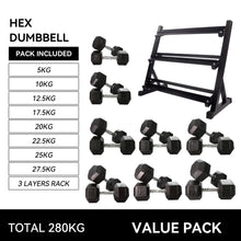 Load image into Gallery viewer, 5kg to 27.5kg Hex Dumbbell & Storage Rack Bundle (8 pairs -280kg)