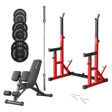 Load image into Gallery viewer, Preorder Adjustable Squat Rack Barbell Rack Bundle - 60kg Cast iron Plates & Barbell & Bench (5/10/15)2.2m barbell 20KG