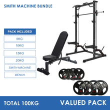 Load image into Gallery viewer, Half Rack Smith Machine Bundle - 100kg Rubber Weight Plates &amp; Adjustable Bench
