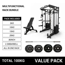 Load image into Gallery viewer, Oli Joy 10-in-1 Smith Machine Power Rack with Smith Machine,300LB Stack, 100KG Rubber Plates & Bench Bundle