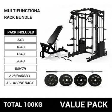 Oli Joy 10-in-1 Smith Machine Power Rack with Smith Machine,300LB Stack, 100KG Bumper Plates & Bench Bundle