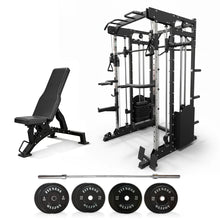 Load image into Gallery viewer, Oli Joy 10-in-1 Smith Machine Power Rack with 300LB Stack, 100KG Rupper Plates,Barbell & Bench Bundle