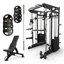 Load image into Gallery viewer, Oli Joy 10-in-1 Smith Machine Power Rack with 300LB Stack, 100KG Rupper Plates,Barbell & Bench Bundle