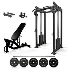 Load image into Gallery viewer, Oli Joy 5580 Pro Functional Bundle – Cable Crossover Trainer with 100 kg Plates, Barbell & Adjustable Bench