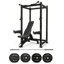 Load image into Gallery viewer, Oli Joy Full Cage Power Rack with Safety Arms, 100kg Plates & Bench Bundle