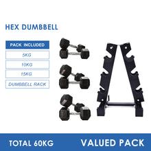 Load image into Gallery viewer, 5kg to 15kg Hex Dumbbell & Storage Rack Bundle (3 pairs - 60kg) - Oli Joy Sports