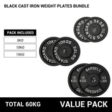 Load image into Gallery viewer, 60kg Black Cast Iron Plates Bundle (5/10/15)