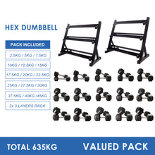 Load image into Gallery viewer, 2.5kg to 45kg Hex Dumbbell Bundle & Storage Rack Bundle (15 pairs - 635kg) - Oli Joy Sports