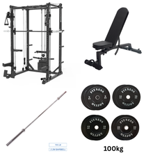 Load image into Gallery viewer, Oli Joy 5383 Home Strength Bundle – Smith Machine with 100 kg Olympic Plates, Barbell & Adjustable Bench