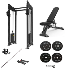 Load image into Gallery viewer, Oli Joy 5492 Pro Functional Power Bundle – Commercial Cable Crossover Trainer with 100 kg Olympic Bumper Plates, Barbell, Heavy-Duty Adjustable Bench & Safety System