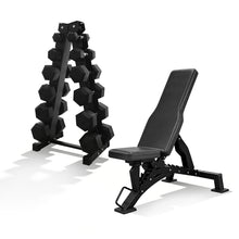Load image into Gallery viewer, 7.5kg to 25kg Hex Dumbbell & Storage Rack & Bench Bundle (6 pairs - 180kg)