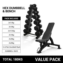 Load image into Gallery viewer, 7.5kg to 25kg Hex Dumbbell & Storage Rack & Bench Bundle (6 pairs - 180kg)