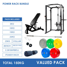 Load image into Gallery viewer, Preorder Power Rack Bundle - 150kg Colour Weight Plates, Barbell & Bench