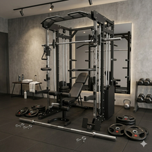 Load image into Gallery viewer, Home gym fitness Multi Trainer + Adjustable Bench + Olympic Weight Plates(100kg) + Olympic Barbell