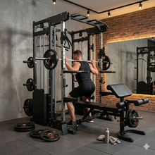 Load image into Gallery viewer, Home gym fitness Multi Trainer + Adjustable Bench + Olympic Weight Plates(100kg) + Olympic Barbell
