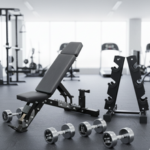 Load image into Gallery viewer, Chrome Round Dumbbell Set (17.5kg / 20kg / 22.5kg)& Dumbbell Rack + Commercial 3-Point Adjustable Bench