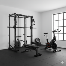 Load image into Gallery viewer, Oli Joy 5383 Total Home Gym Bundle – Smith Machine with 100 kg Olympic Plates, Barbell, Adjustable Bench & Magnetic Resistance Exercise Bike