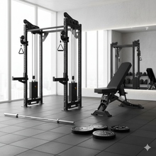 Load image into Gallery viewer, Oli Joy 5492 Pro Functional Power Bundle – Commercial Cable Crossover Trainer with 100 kg Olympic Bumper Plates, Barbell, Heavy-Duty Adjustable Bench & Safety System