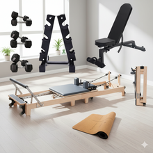 Load image into Gallery viewer, Oli Joy 5393 StudioFlow Bundle – Foldable Oak Wood Reformer with Dumbbell Rack, Bench & Yoga Mat
