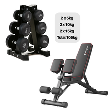 Load image into Gallery viewer, 5kg to 15kg (3 pairs - 60kg) round Dumbbell & Storage Rack & Adjustable Bench Bundle