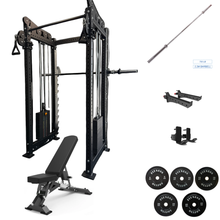 Load image into Gallery viewer, Oli Joy 5383 Total Home Gym Bundle – Smith Machine with 100 kg Olympic Plates, Barbell, Adjustable Bench & Magnetic Resistance Exercise Bike
