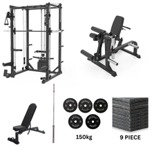 Load image into Gallery viewer, Oli Joy 5383 Power Plus Bundle – Complete Strength System with 150 kg Olympic Bumper Plates, Barbell, Adjustable Bench, Leg Machine & Gym Mat