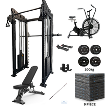 Load image into Gallery viewer, Oli Joy 5492 Functional Trainer Power Rack with 100 kg Plates, Barbell, Bench & Air Bike